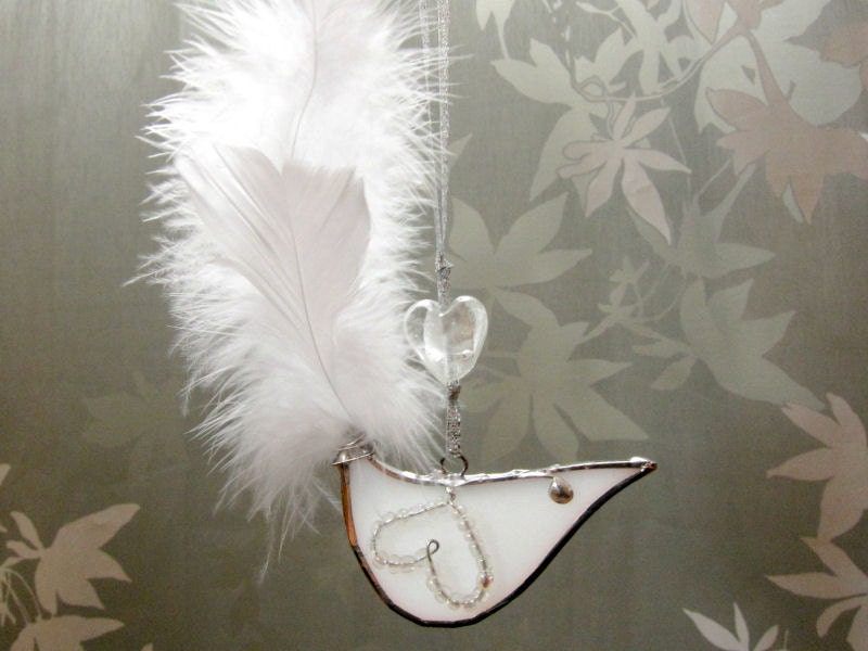 White Bird Stained Glass Suncatcher Feather Christmas Tree Ornament Handmade OOAK