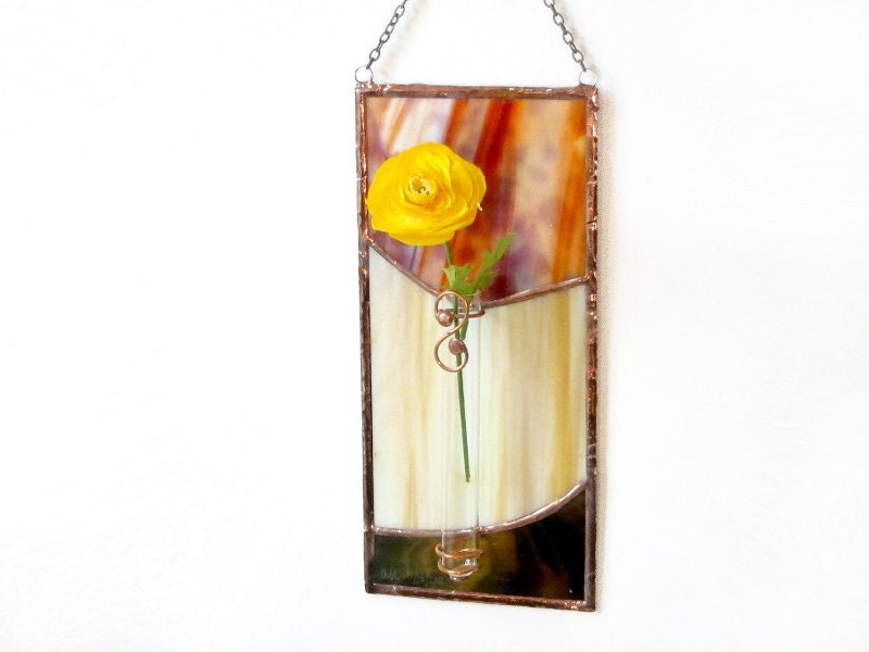 Stained Glass Panel Bud Vase Brown Beige Handmade OOAK
