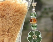 Long Dangling Earrings, Glass Beads Earrings, Handmade Lampwork Flower  Beads Earrings, Green, Amber,  Sterling Silver, Gift for Women