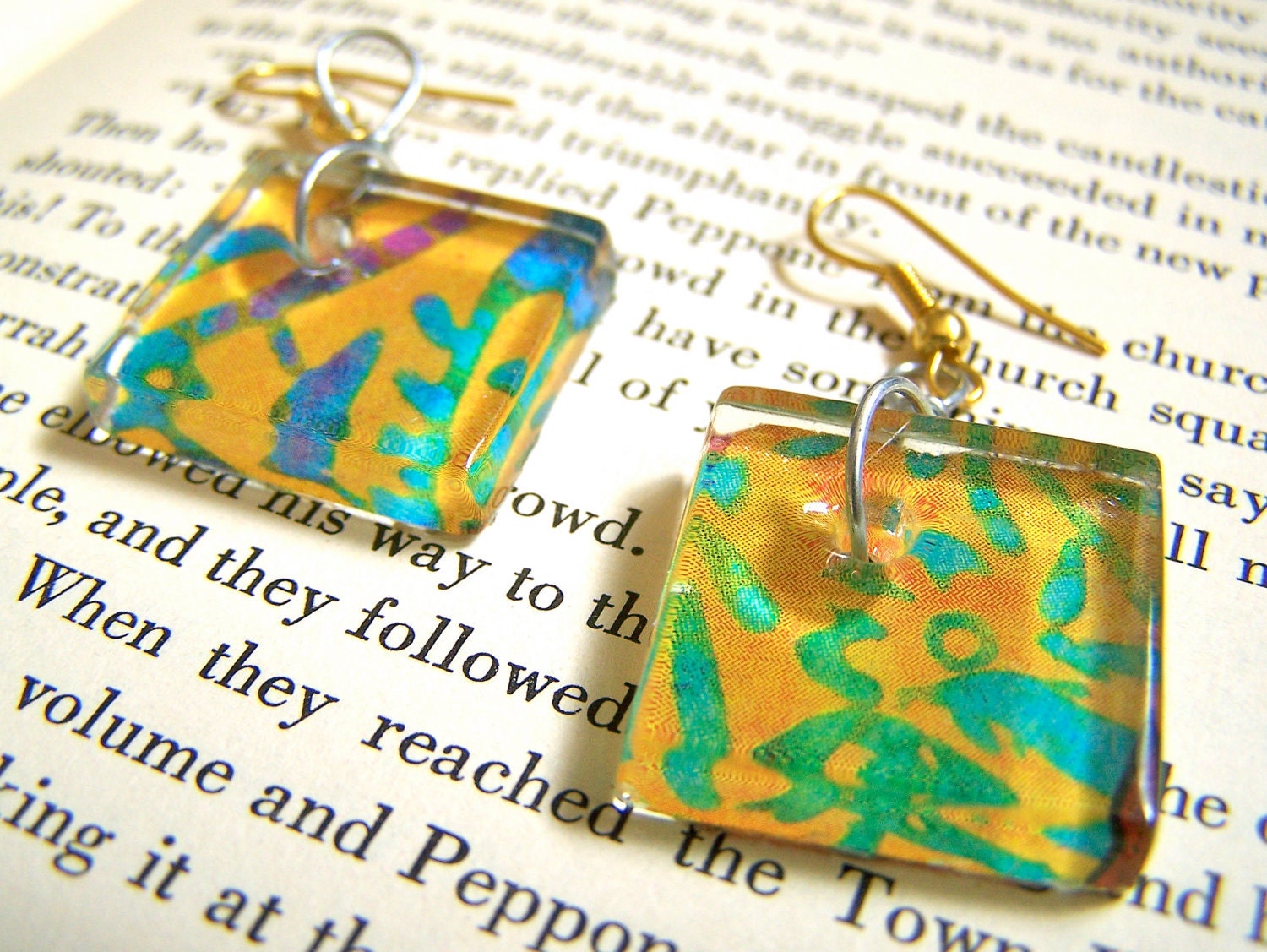 Earrings. Eco Friendly, Hypoallergenic, Magazine, Tie-dye, Glass, Recycled, Yellow. Upcycled Jewelry by AnotherUse