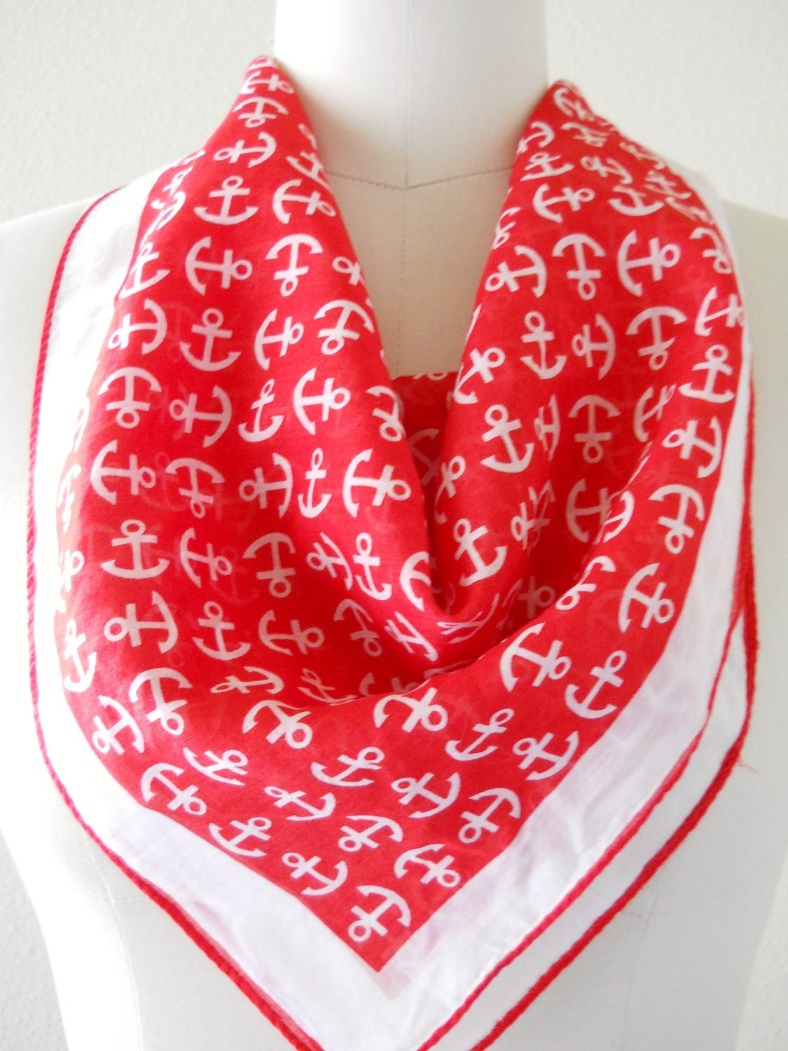 Vintage Scarf -- Red Cotton Anchor Print Neck Tie Head Scarf -- Nautical Summer