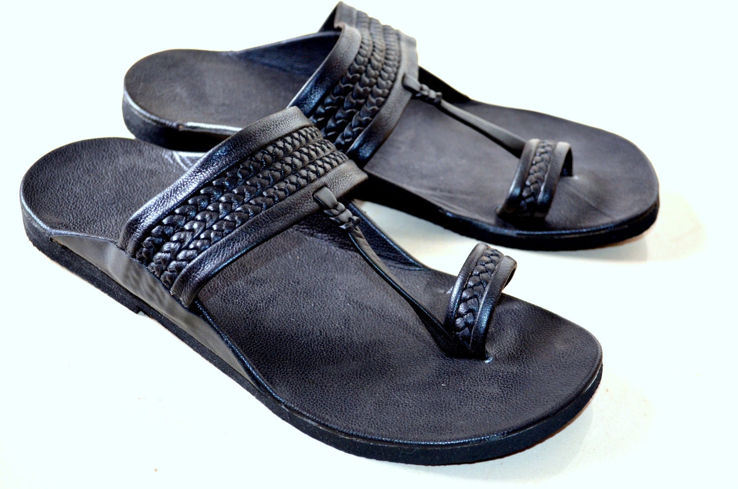 Black Moroccan Inspired Braided/Plain Leather Sandals-Handmade Sandals , Indian Leather Sandals, Ladies, Mens, Custom made - ALL SIZES
