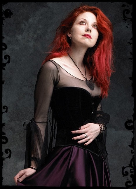 Gossamer Mesh Fairy Top / Shirt with Tied Bell Sleeves - Custom Elegant Gothic Clothing and Dark Romantic Couture