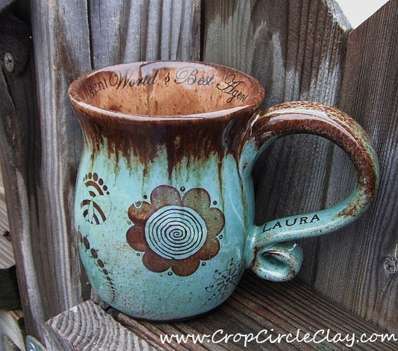 Personalized Ceramic Coffee Mug - Robin's Egg, Chocolate Brown, Aquamarine, Earthy, Wheel Thrown Stoneware Pottery