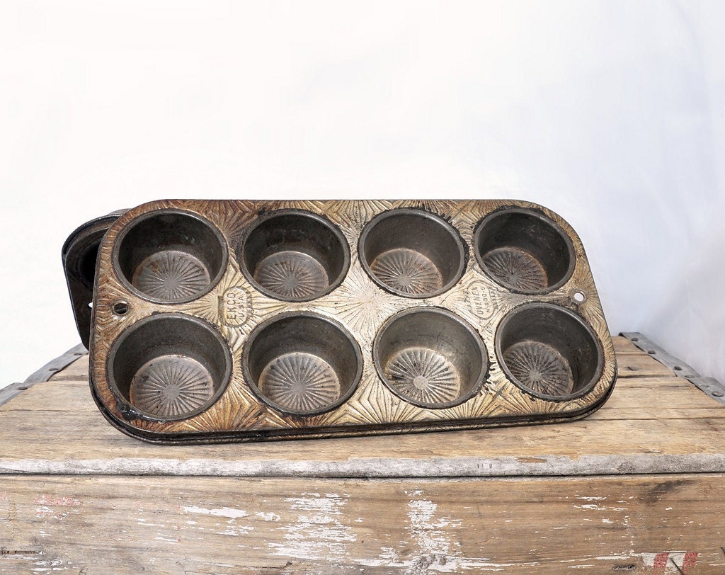Vintage Worn Muffin Tin with Tarnish and Patina