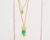 Retro Woodland Double Owl Necklace with Green