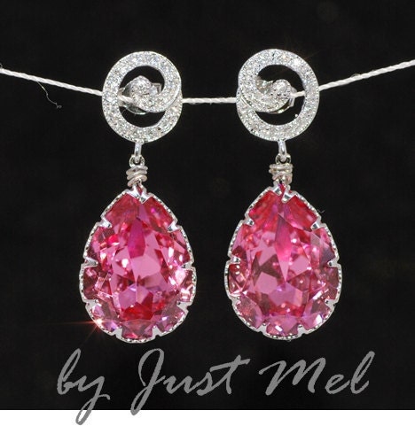 Wedding Earrings, Bridesmaid Earrings, Bridal Jewelry - Swirl Cubic Zirconia Detailed Earring with Swarovski Rose Teardrop (E243)