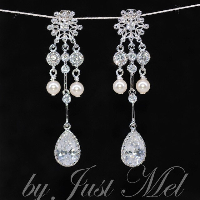 Wedding Earrings, Bridesmaid Earrings, Bridal Jewelry - Gorgeous Chandelier Cubic Zirconia Teardrop and Swarovski Ivory Pearl Earring (E387)