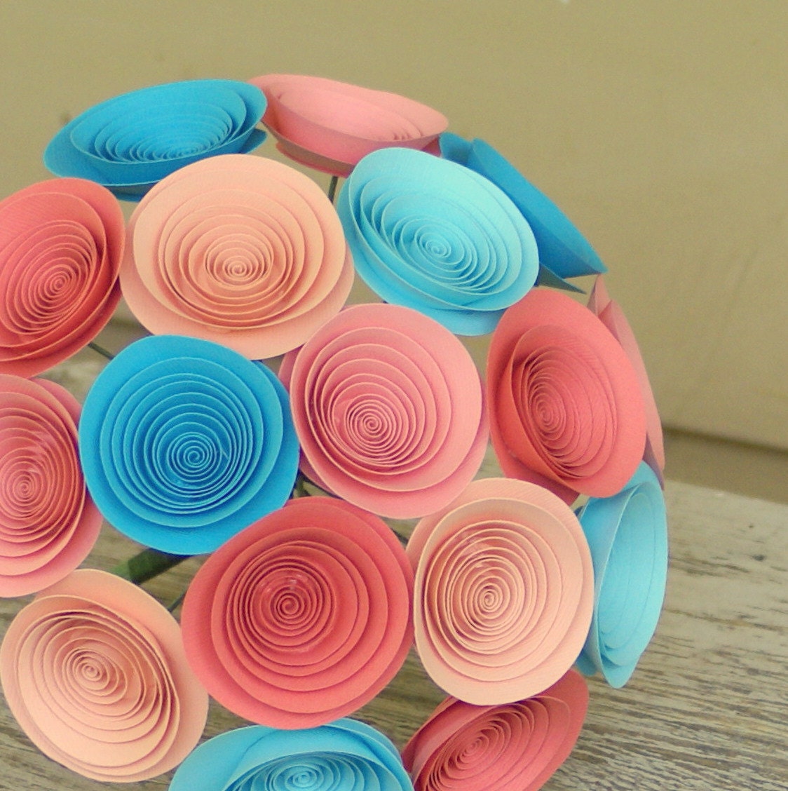 Tropical Bouquet in Coral, Peach and Aqua - Beach Wedding - Paper Flower Bridesmaid Bouquet - Alternative Bouquet
