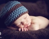 Baby Boy Beanie Hat - Blue with Brown Stripe and Trim - Newborn Hat - Photo Prop - Made to Order - FREE Shipping