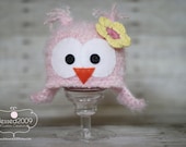 Owl Hat with Ear Flaps - Baby Girl - Bubble Gum Pink - Crochet Flower Clip in Yellow and Pink - Made to Order - Newborn Size