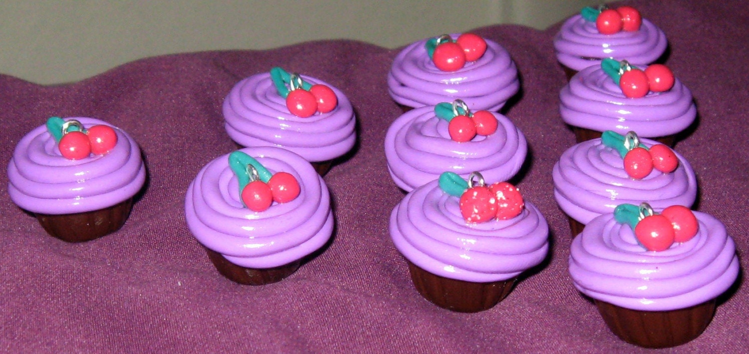 Chocolate Cherry Red Cherries Purple Frosted Cupcake Necklace / Pendant