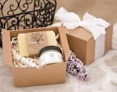 Eco Friendly Holiday Gift Box w/ White Ribbon- Soap, Lotion or Bath Salt, and Lip Balm