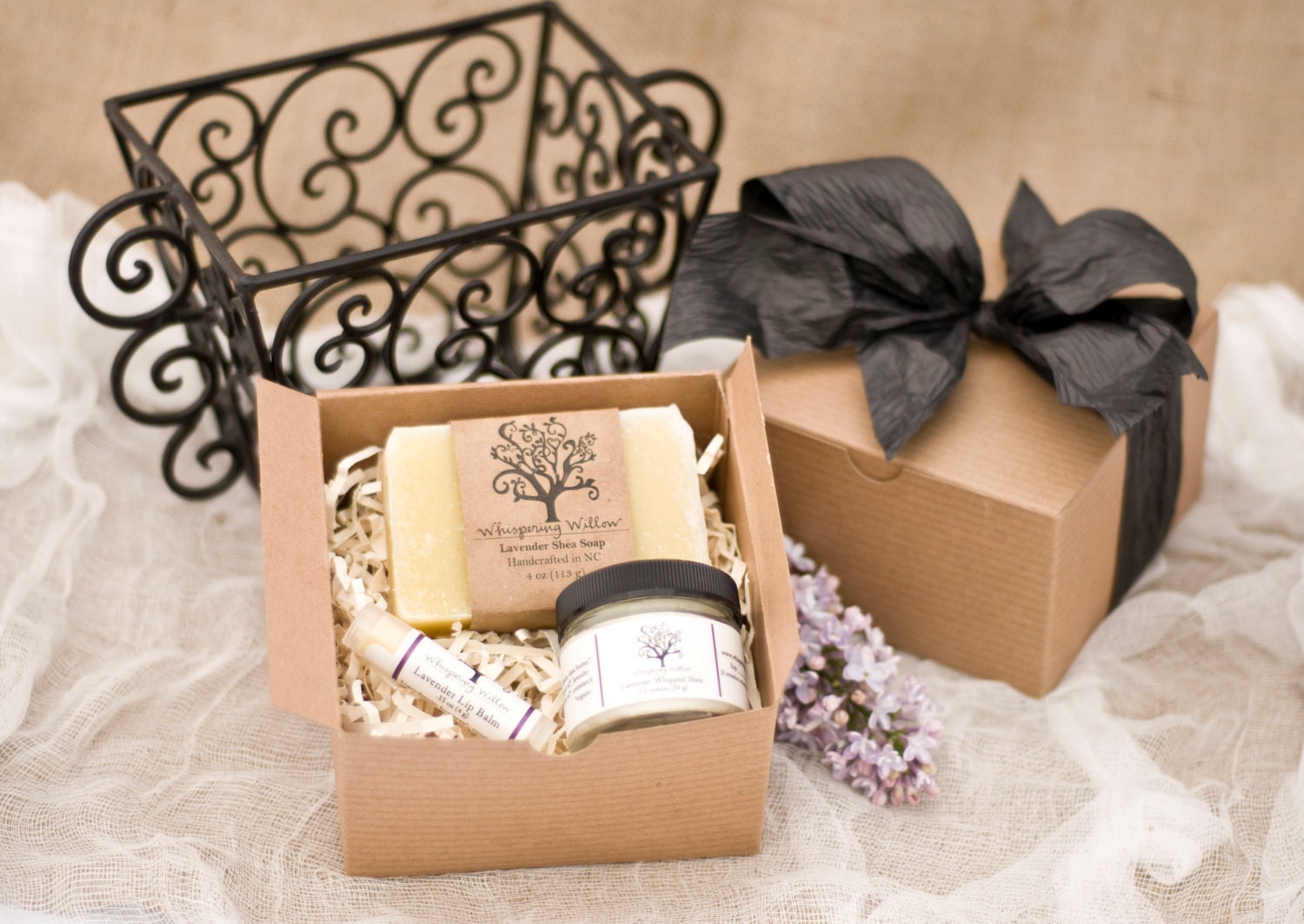 Eco Friendly Holiday Gift Box w/ Black Ribbon - Soap, Lotion or Bath Salt, and Lip Balm