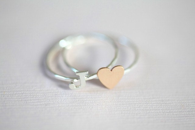 personalized initial stackable rings  (gold filled tiny heart ring with sterling silver initial ring)