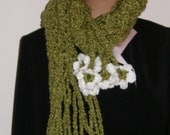 Scarf Hand Crocheted Moss Green Scarf White Flowers