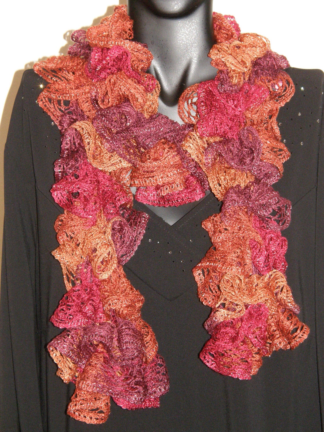 Scarf Hand Knitted Ruffle Burgundy Orange Yellow Yarn