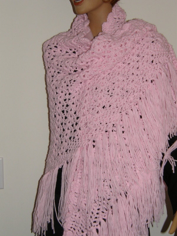Shawl Wrap Hand Crocheted Rose Pink Acrylic Blend Yarn