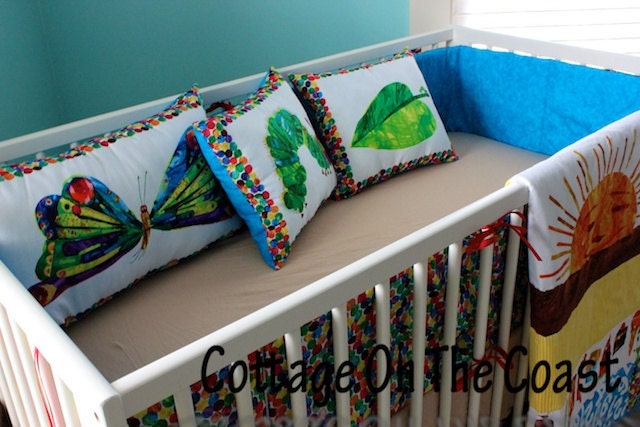 Baby Blues Custom 3 Piece Crib Set- Made From Very Hungry Caterpillar Fabric-Bumper, Quilt, and 3 Piece Pillow Set- MADE TO ORDER