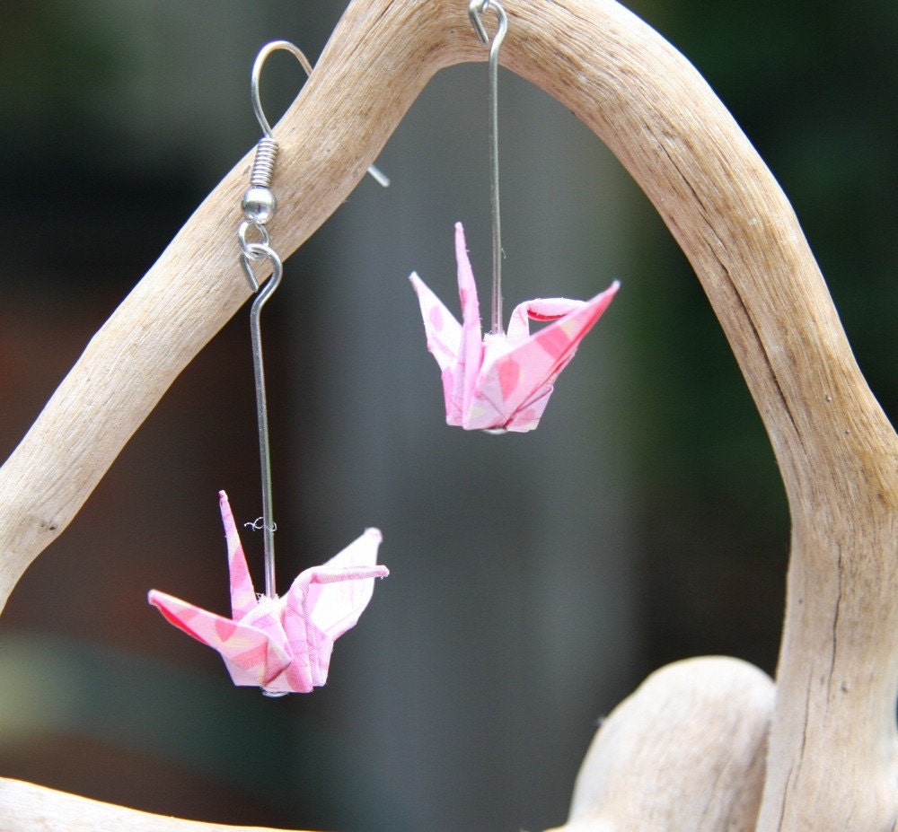 Origami Crane Earrings - Patterned Pink
