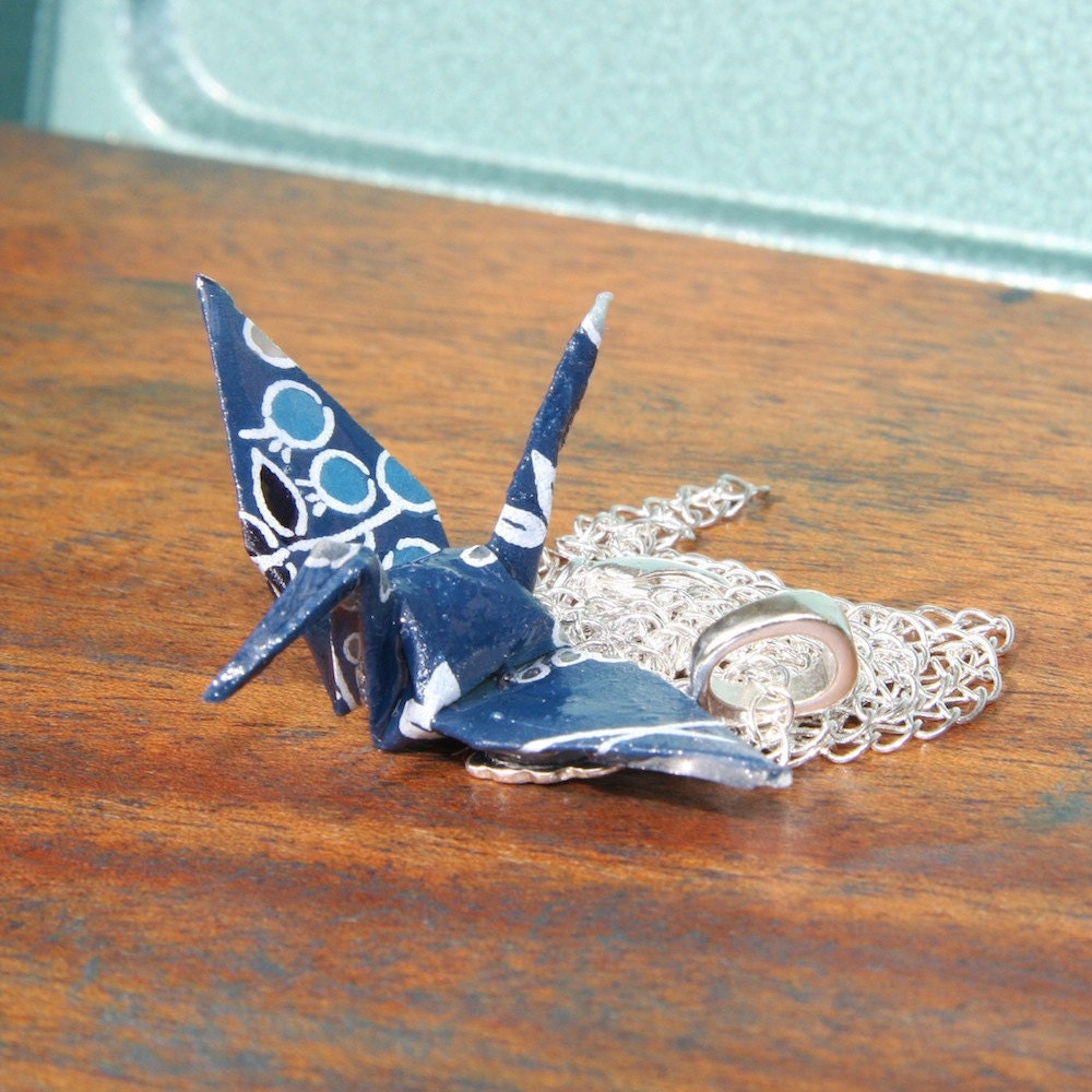 Origami Crane Pendant Large - Blue with White and Light Blue Flowers - Free Shipping