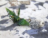 Origami Necklace Large - Green with Red, White and Gold detailed Paper Crane