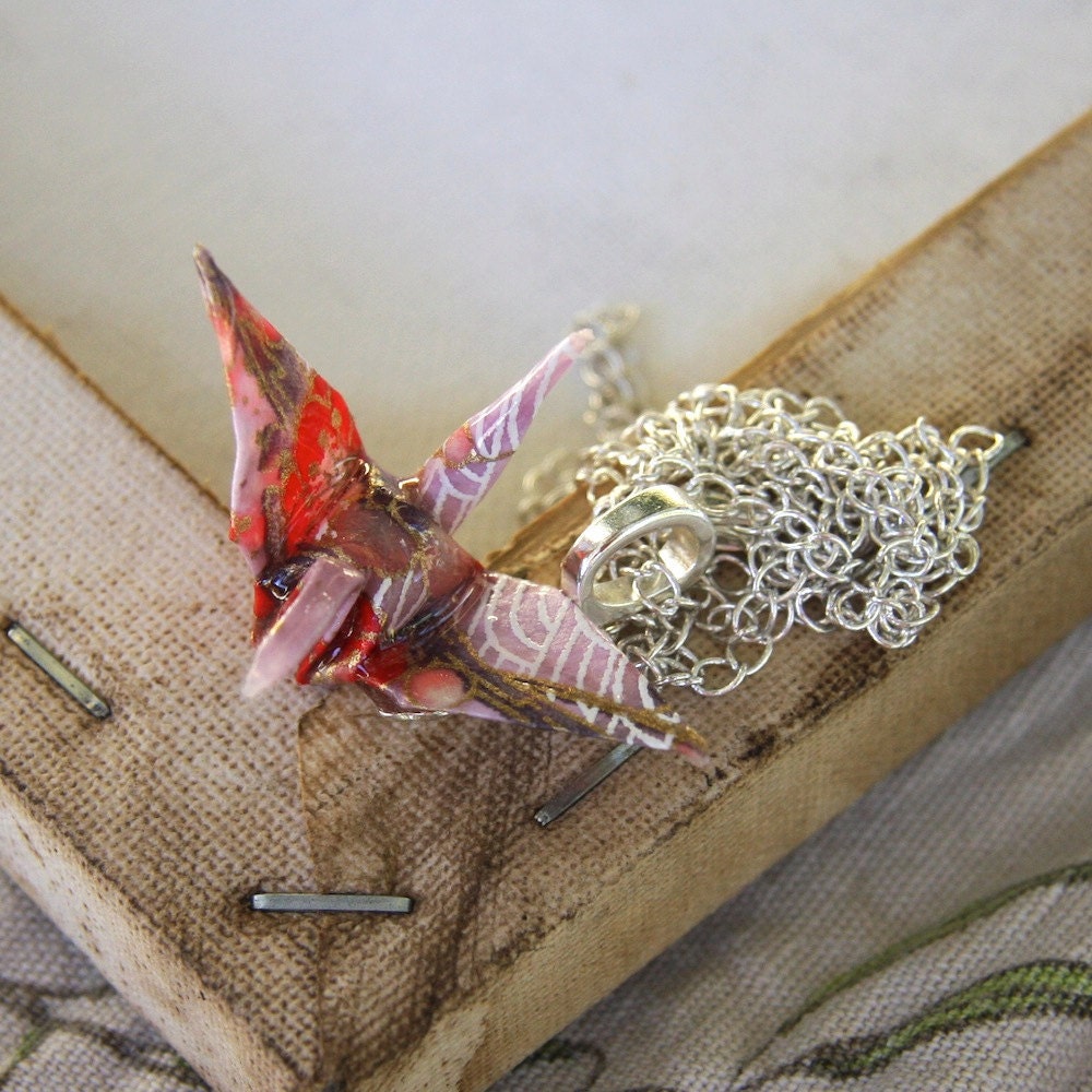 Origami Crane Pendant Large - Light Pink with Red Flowers