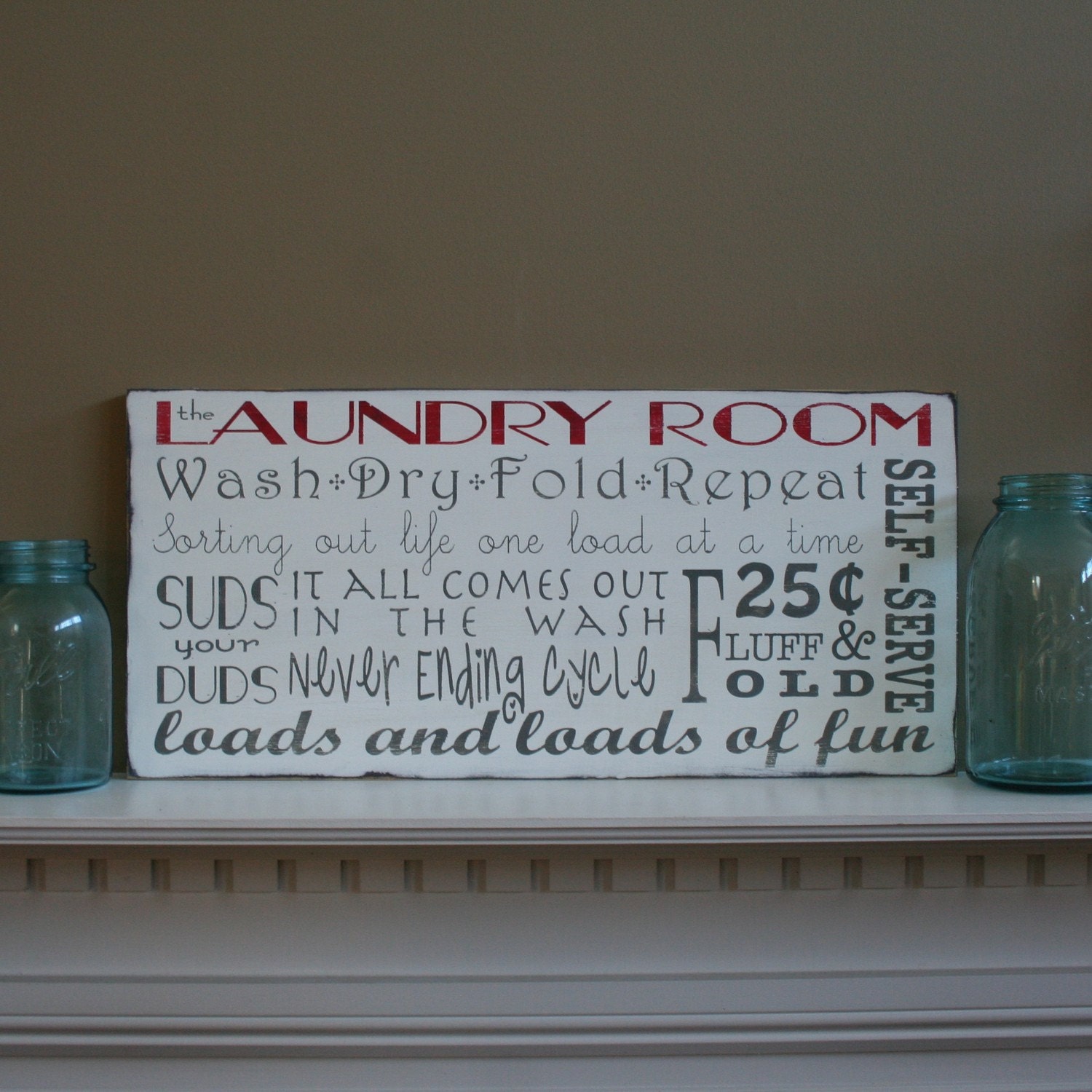 The Laundry Room Typography Word Art in Weather Worn White with Red