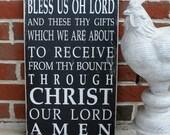 Mealtime Blessing Grace - Bless us Oh Lord Distressed Sign in Black with White Vintage Style