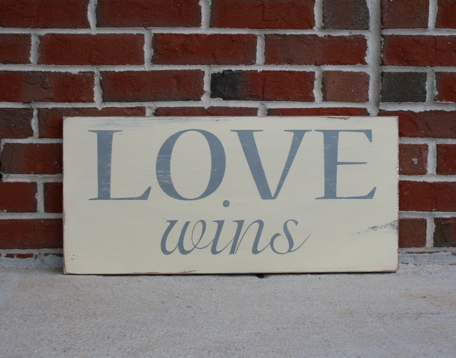 Love Wins Distressed Sign in Cream with Grey Letters Vintage Style for the Monkees at Momastery - large size
