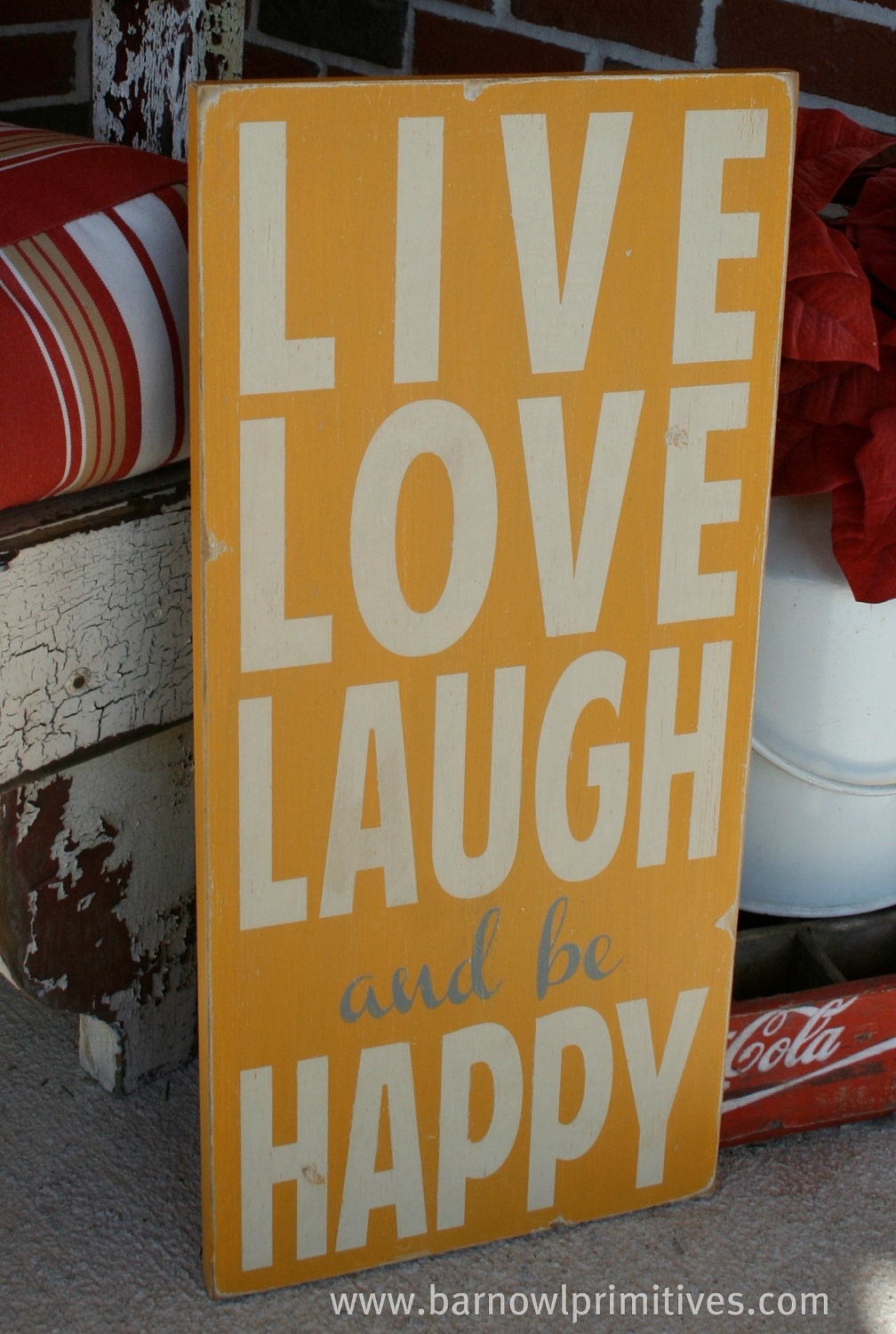 Live Love Laugh and be Happy Typography Word Art in Golden Yellow