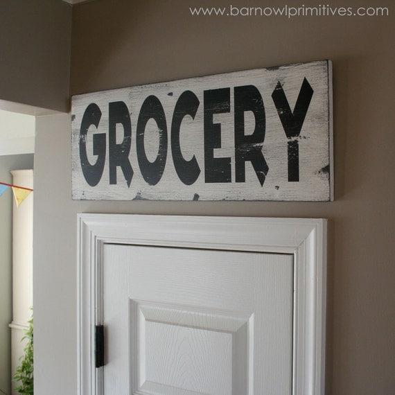 Grocery Heavily Distressed Vintage Style Sign in Weather Worn White with Black