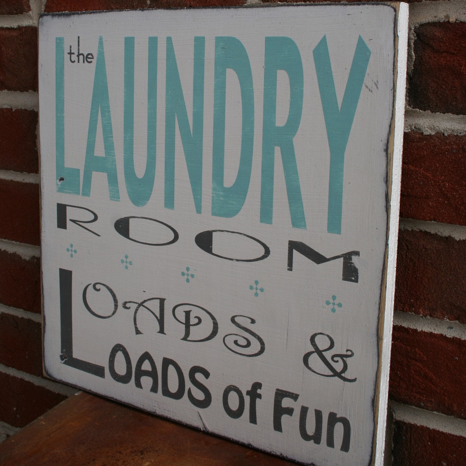 The Laundry Room - Loads and Loads of Fun Distressed Sign in Weather Worn White with Tiffany Blue and Grey