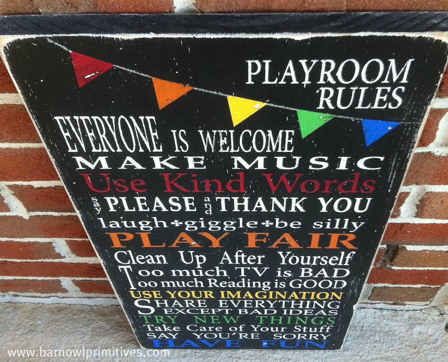 Playroom Rules Sign with Bunting - Typography Word Art in Black