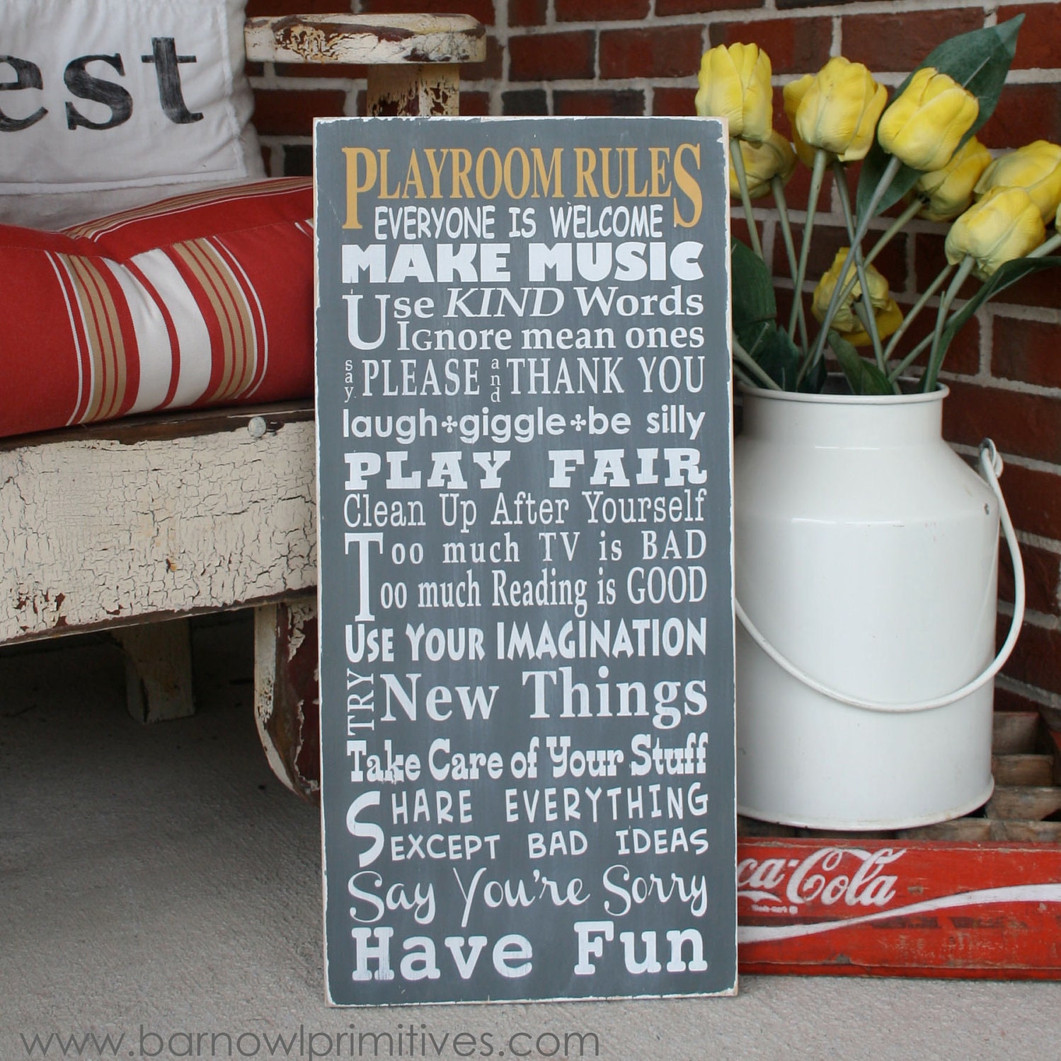 Whimsical Playroom Rules Distressed Sign - Typography Word Art