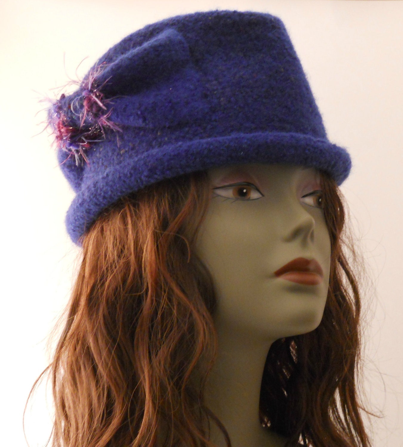 Womens Fedora Crochet Felted Wool Olympian  Blue  With Bow Gift For Women Under  100 dollars