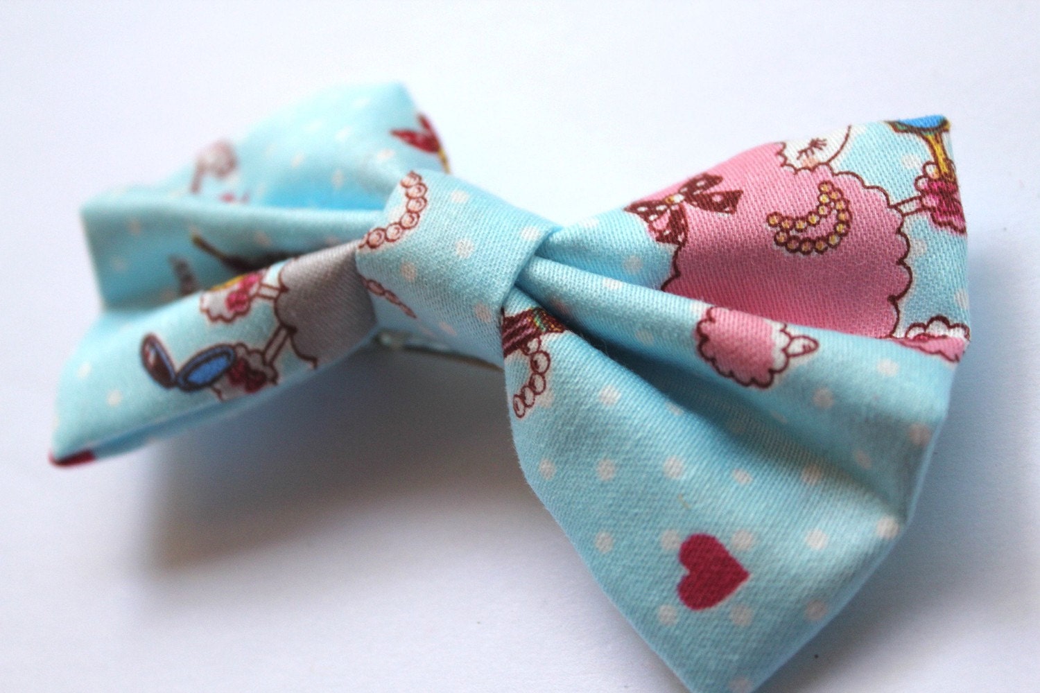 Blue Poodle Beauty Parlor Printed Fabric Bow Barrette Hair Clip
