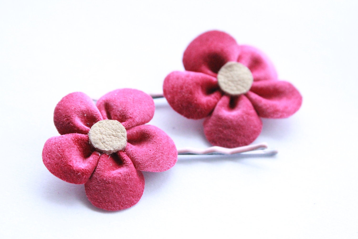 Hot Pink Suede Daisy Flower Leather Bobby Pin Pair