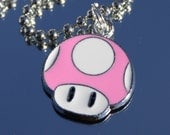 MARIO Brothers MUSHROOM PINK - Super Mario - Sterling Silver plated ball chain Necklace - Party Favor - Gamers . Nitendo . Retro . 80's