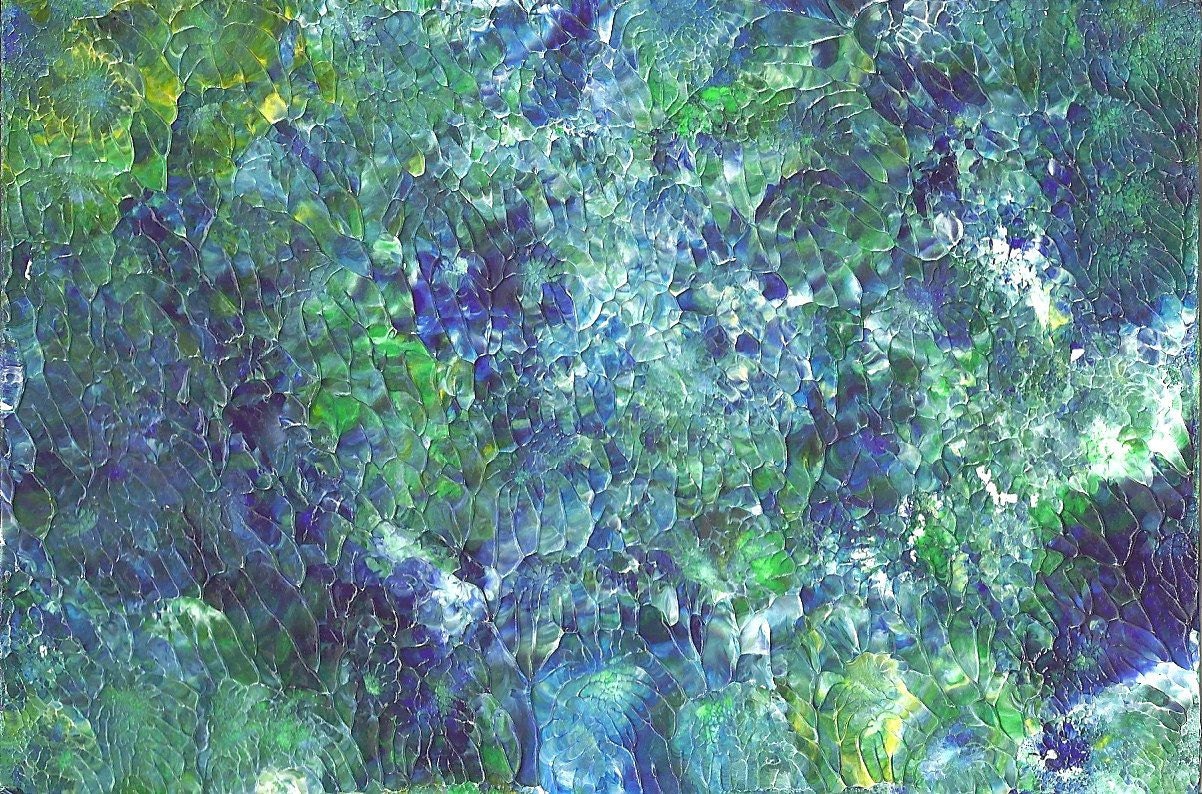 Deep Sea 4 X 6 original Abstract Blue Green Acrylic Painting in white mat.