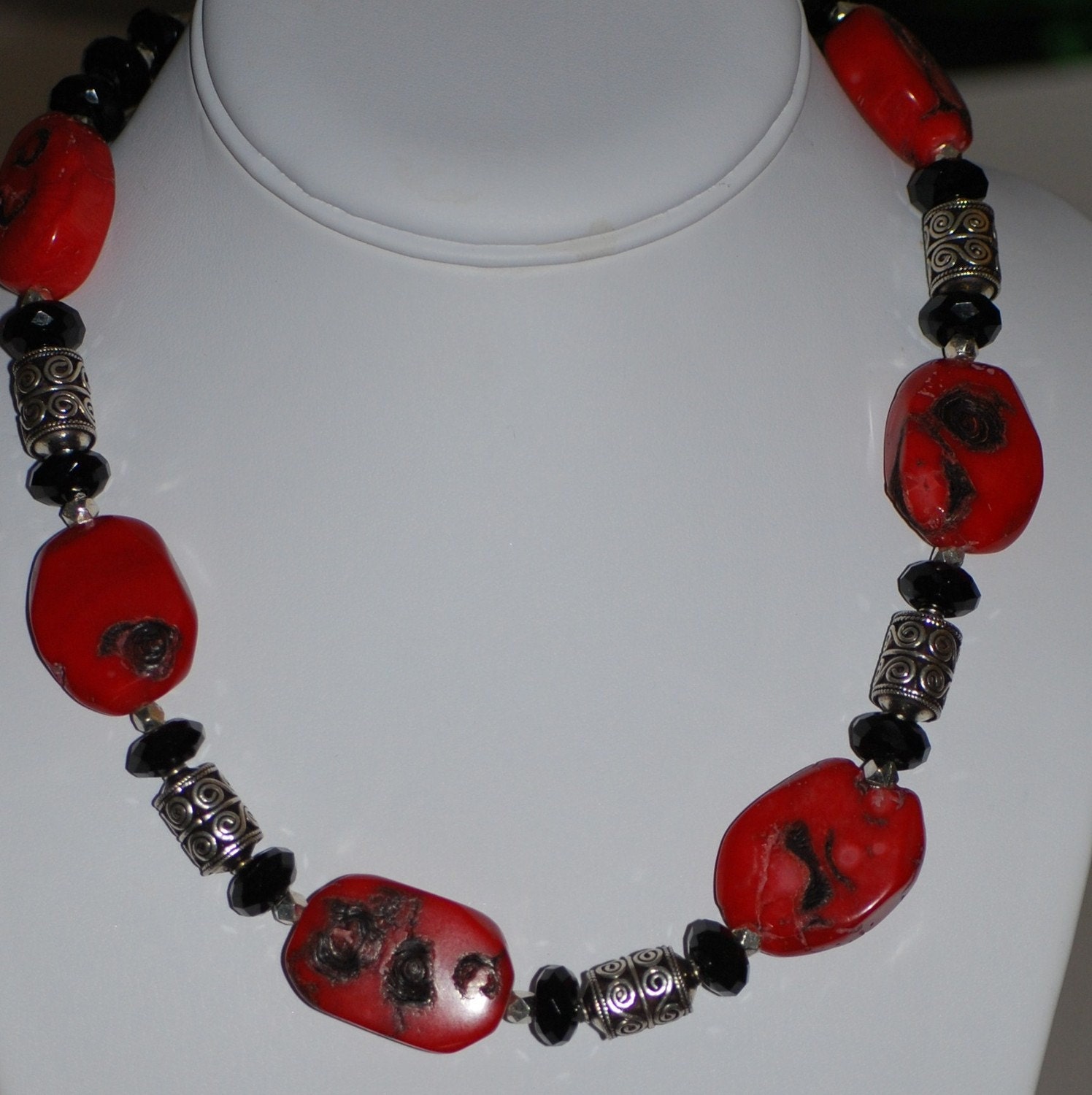 Red Coral/Onyx Necklace with Sterling Accent Beads by MixedMediaDesigns1