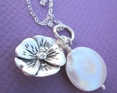Botanical necklace, Freshwater pearl Coin Disc, Hibiscus flower charm, Wedding Jewelry, Sterling Silver, Bridal Party
