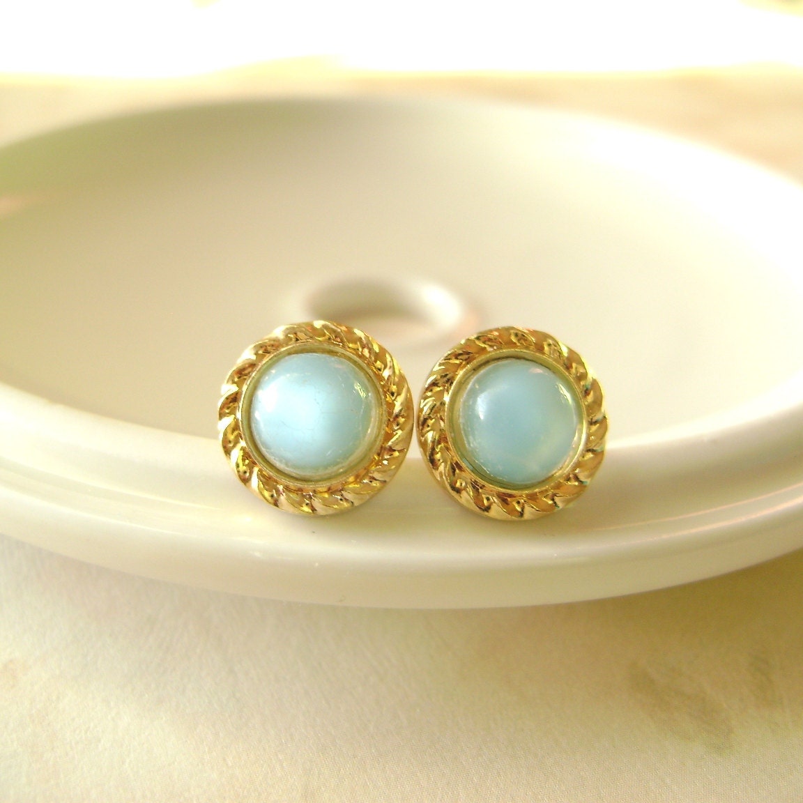 Aqua Moonstones Blue Post Stud earrings Gold Rope Framed Stone