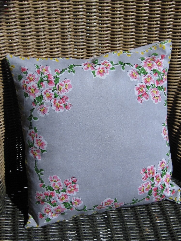 Vintage Hankie Pillow Gray and Yellow with Pink flowers