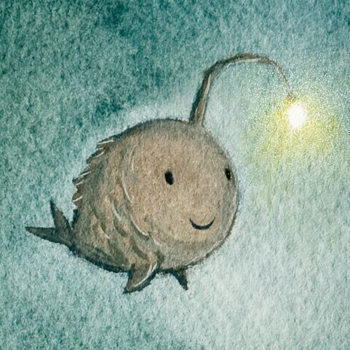a light in the dark - cute angler fish, icon of hope in a deep dark and troubled ocean