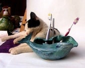 Ceramic Whale, A lovely whale ,Hand-sculpted, ceramic blue turquoise whale, a sea  mammal with a cat (-: