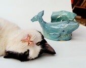 Ceramic Whale of Pottery, Turquoise Blue Whale, A magical Whale with spiral. and Dominic the funny cat