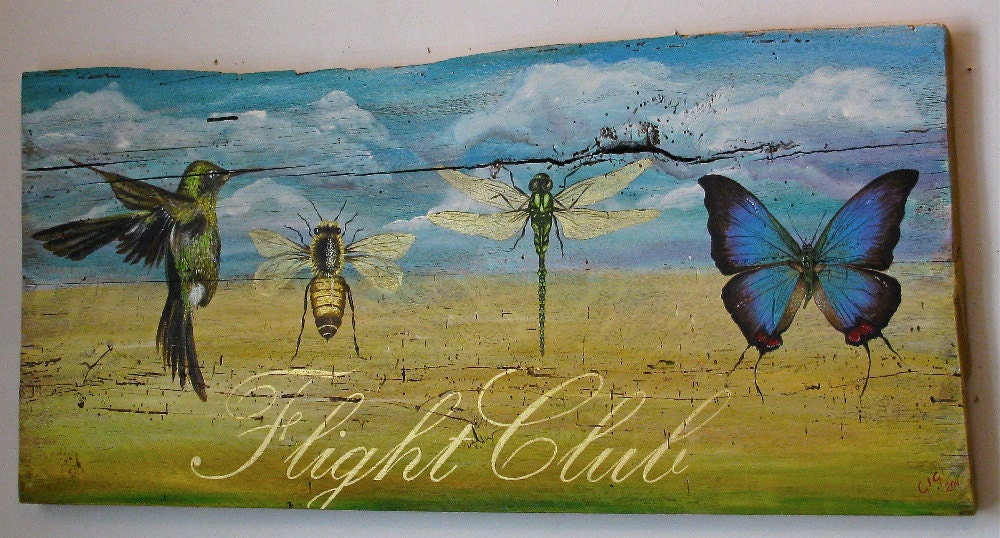 Decorative bug and bird painting, Flight Club, acrylic on reclaimed rustic solid wood board