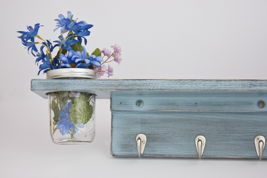 Country Wall Shelf with 5 Coat Hooks and Mason Jar Vase distressed Blue Gray- Twigs Decor