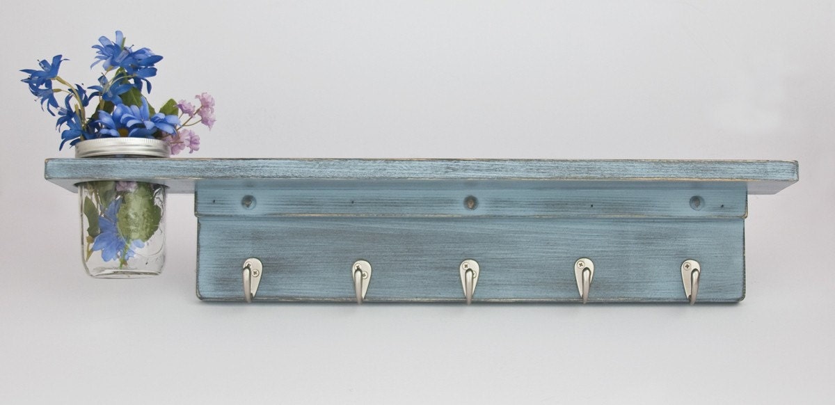 Country Wall Shelf with 5 Coat Hooks and Mason Jar Vase distressed Blue Gray- Twigs Decor